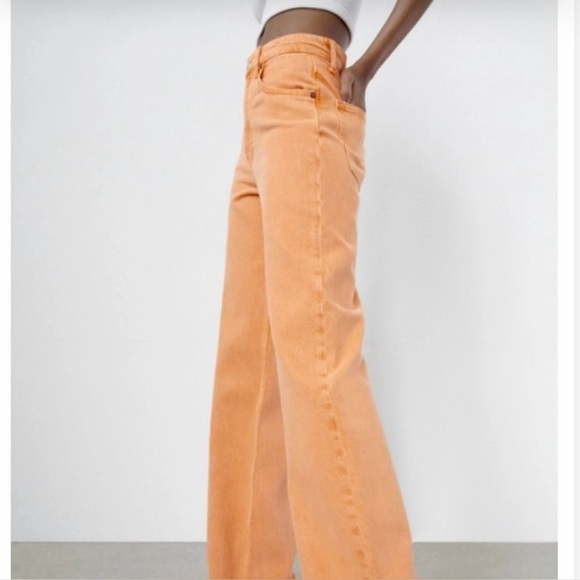 Zara Wide Leg High Waist Orange Tan Jeans Size 4 - Picture 3 of 9